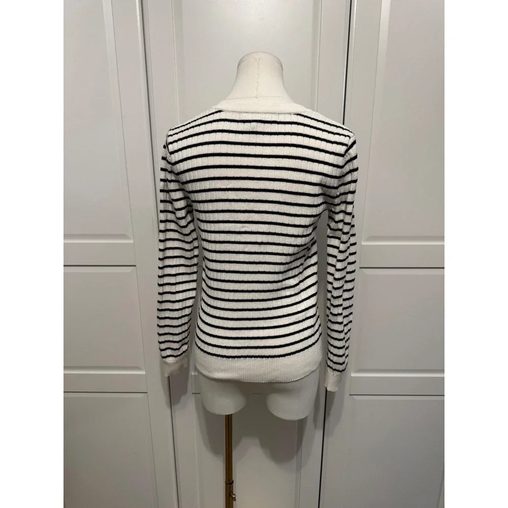 Lauren Ralph Lauren Striped Ribbed V-Neck Sweater Cotton Lock Clasp Detail XS